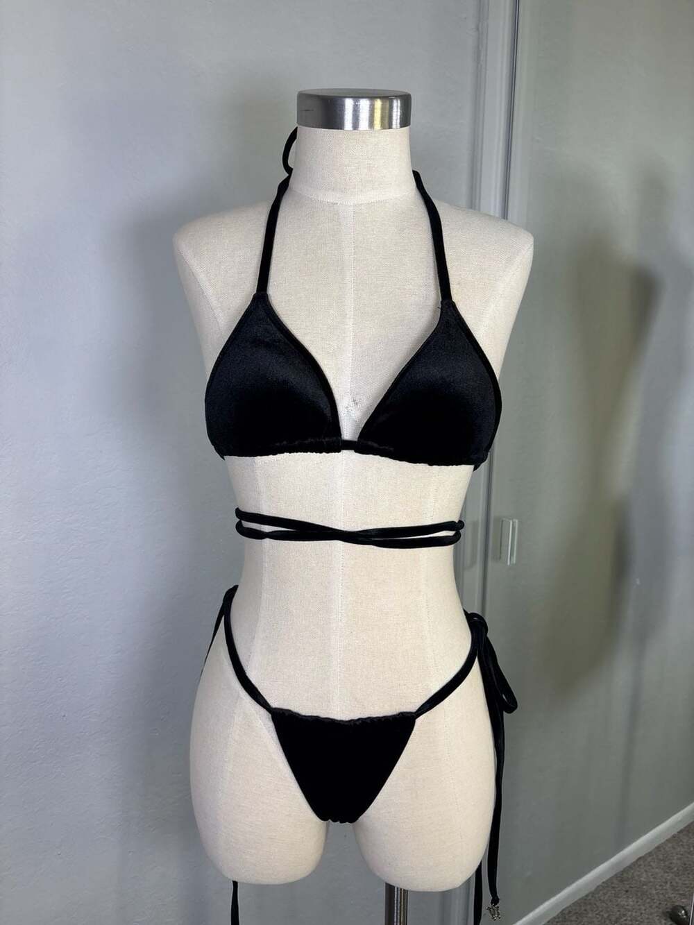 KARMAZ Velvet Bikini Set Black Halter Criss-Cross